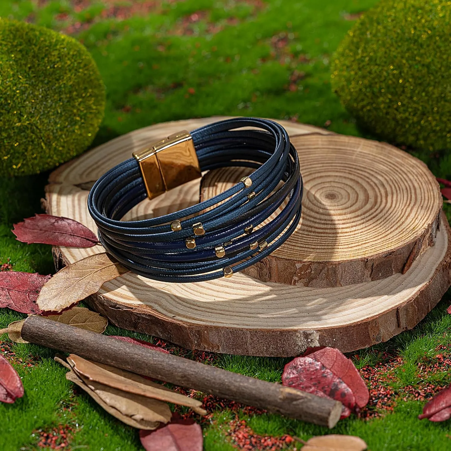 FANCY SHINY Beaded Leather Wrap Bracelets Cute Boho Stackable Bangle Cuff with Magnetic Clasp