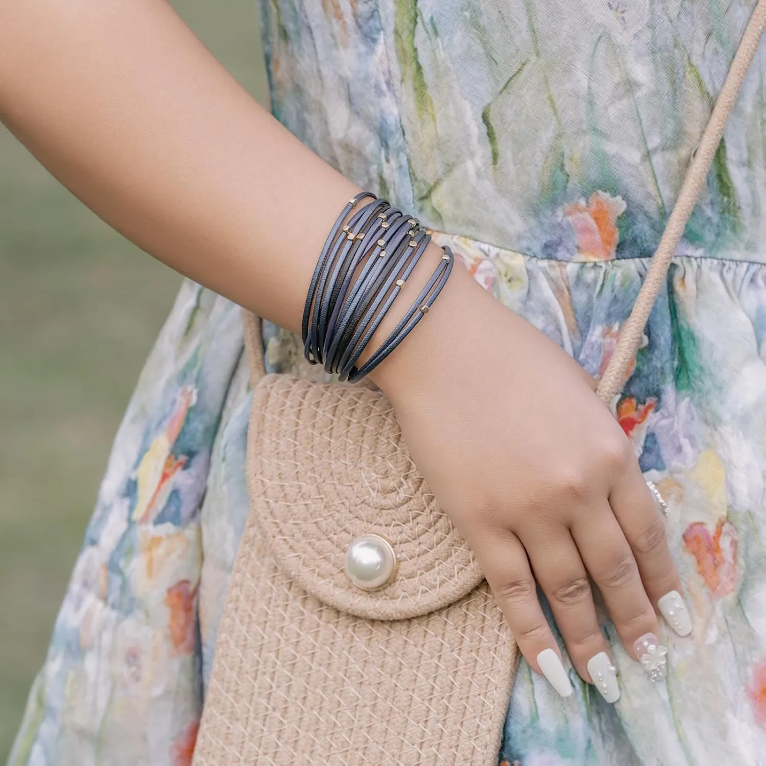 FANCY SHINY Beaded Leather Wrap Bracelets Cute Boho Stackable Bangle Cuff with Magnetic Clasp
