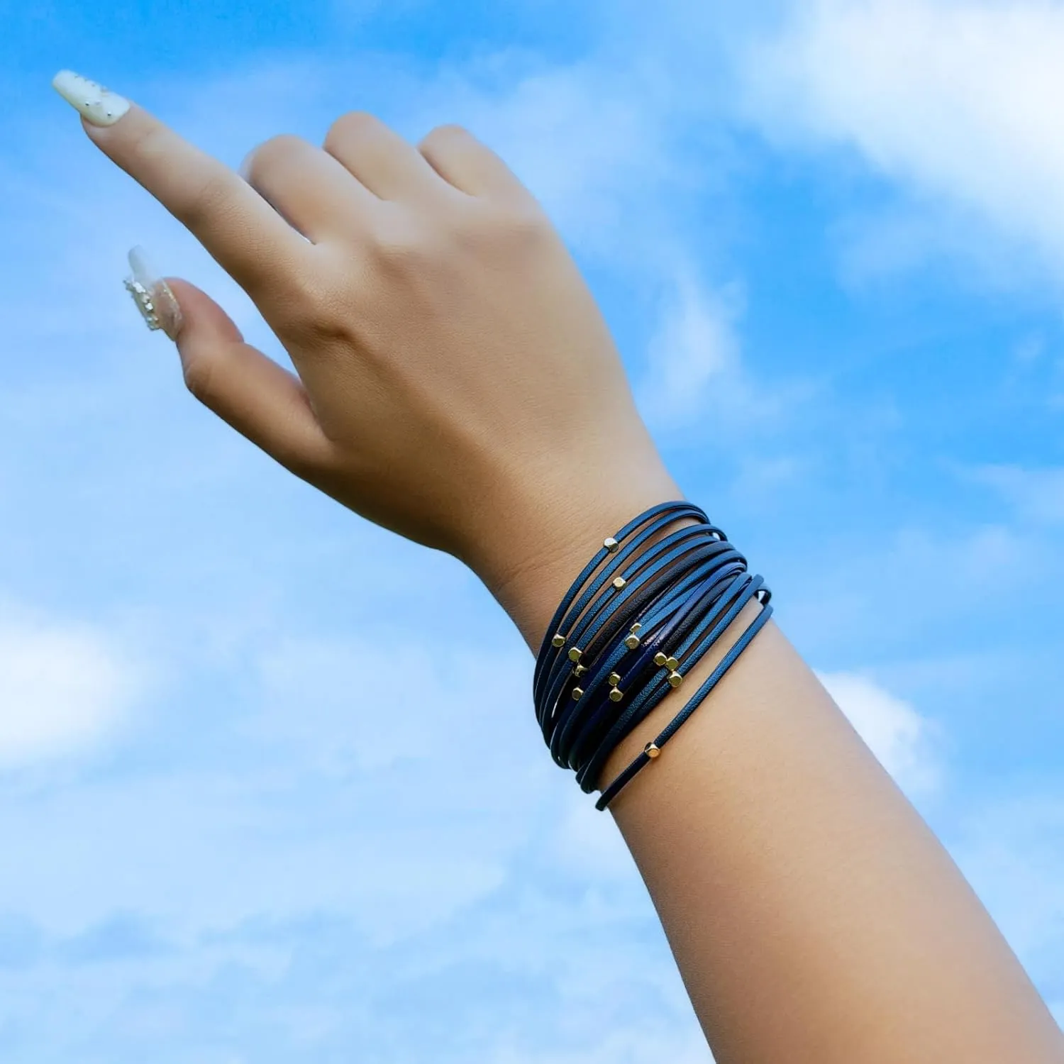 FANCY SHINY Beaded Leather Wrap Bracelets Cute Boho Stackable Bangle Cuff with Magnetic Clasp