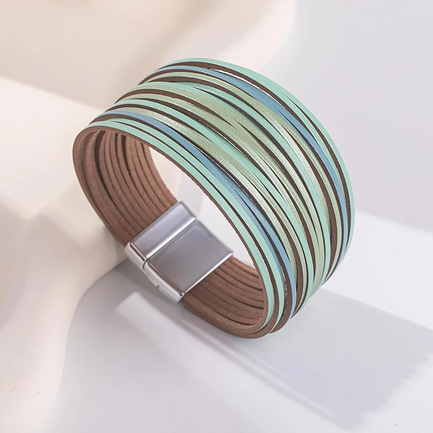 FANCY SHINY Boho Leather Wrap Bracelet Stackable Layered Bangle Cuff with Magnetic Clasp