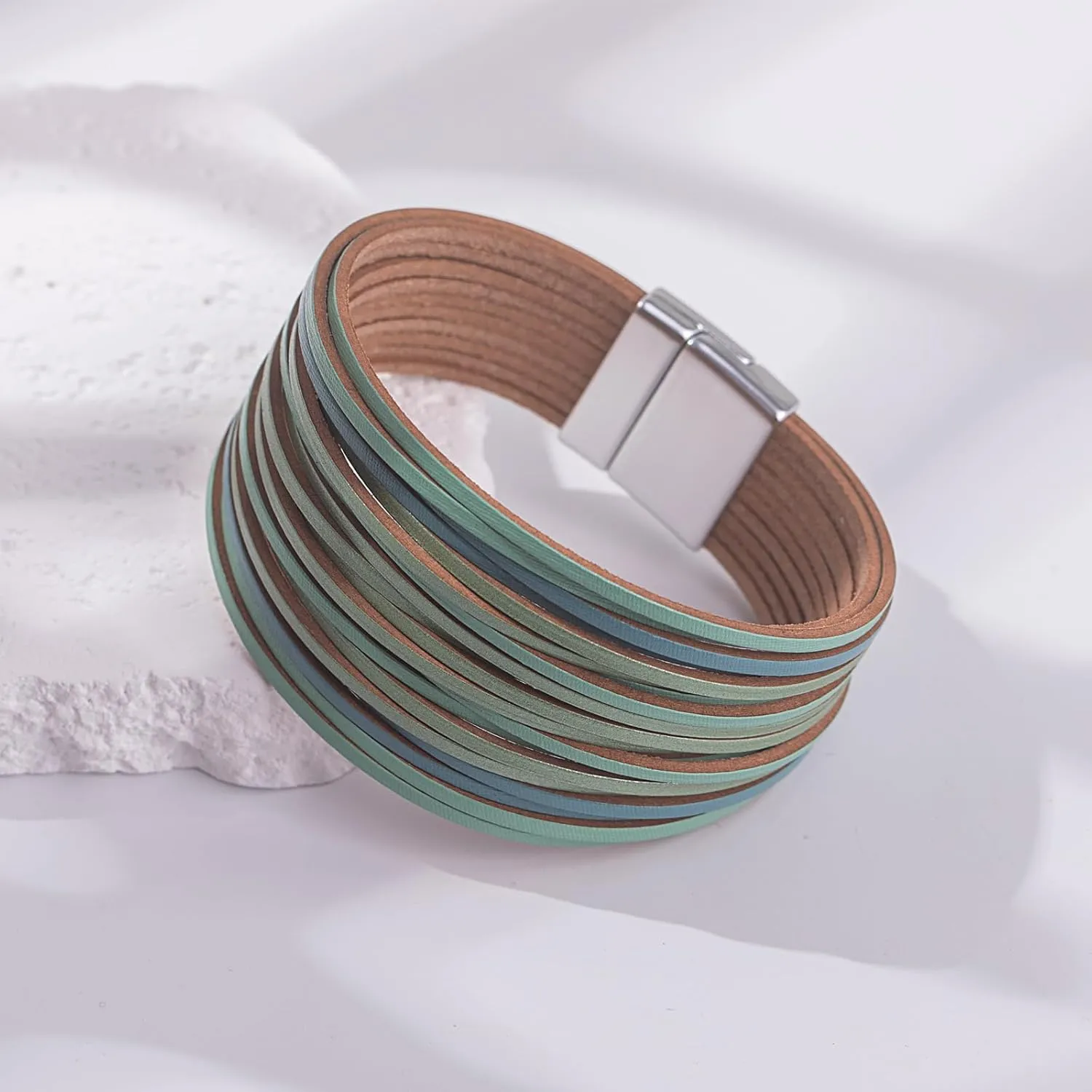 FANCY SHINY Boho Leather Wrap Bracelet Stackable Layered Bangle Cuff with Magnetic Clasp