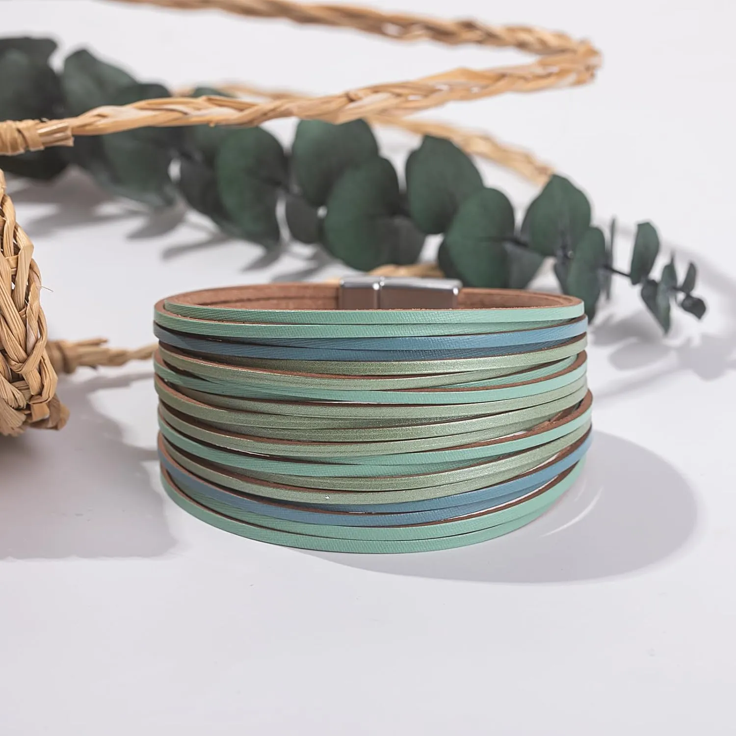 FANCY SHINY Boho Leather Wrap Bracelet Stackable Layered Bangle Cuff with Magnetic Clasp