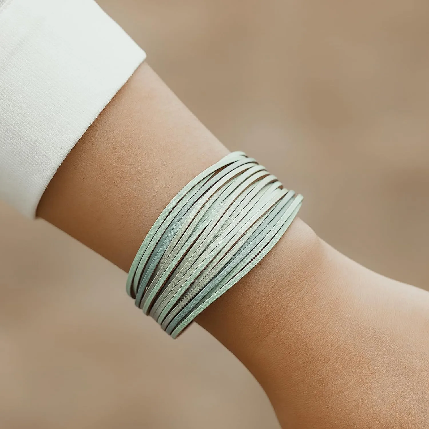 FANCY SHINY Boho Leather Wrap Bracelet Stackable Layered Bangle Cuff with Magnetic Clasp