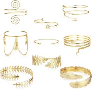 Fansilver 6-9PCS Arm Cuff Upper Band Cuff Bracelet for Women Minimalist Adjustable Arm Cuff Gold Open Simple Armlet Armband Set