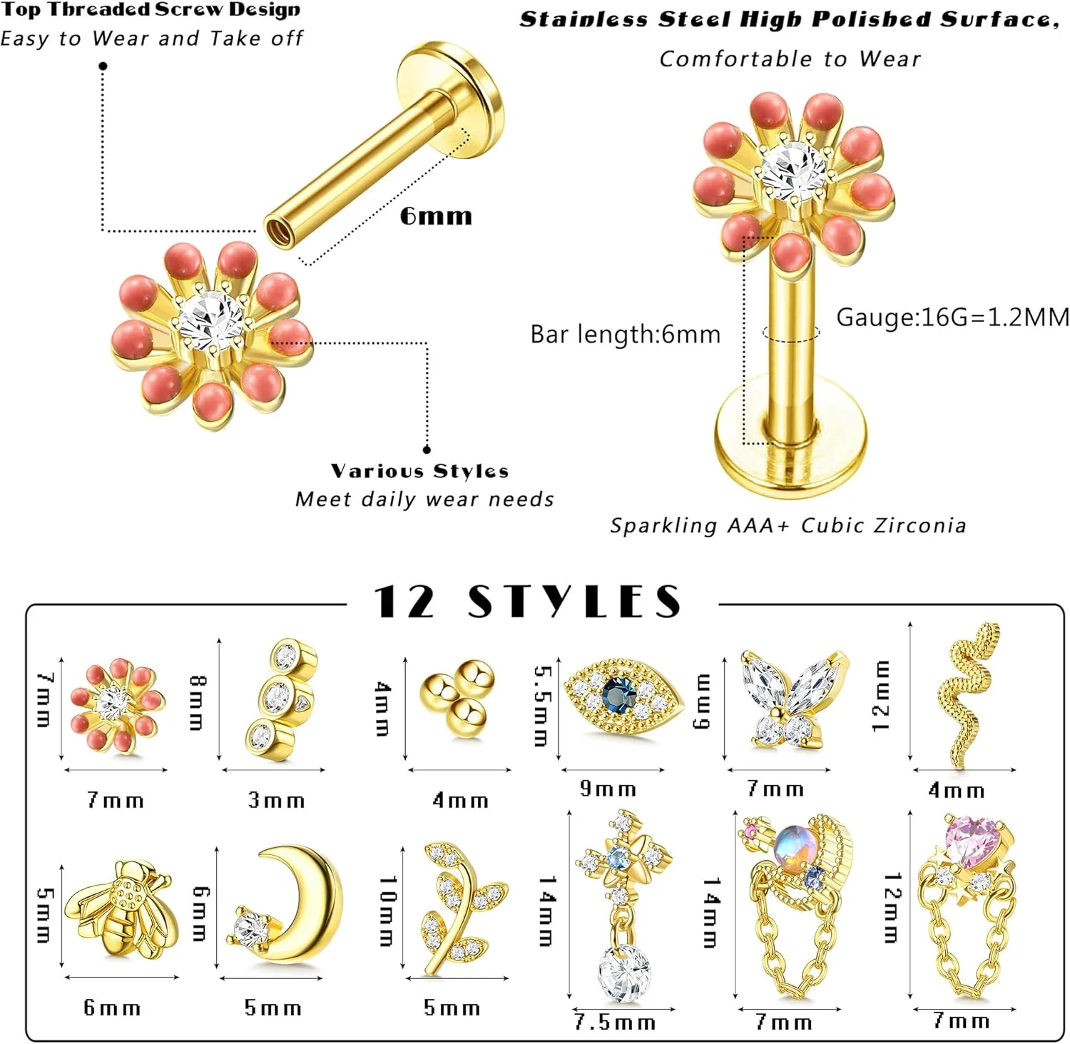 FASACCO 12Pcs 16G Stainless Steel Top Screw Flat Back Earrings Snake Moon CZ Cartilage Stud Earrings for Women Forward Internally Threaded Helix Tragus Conch Labret Monroe Medusa Lip Nose Piercing