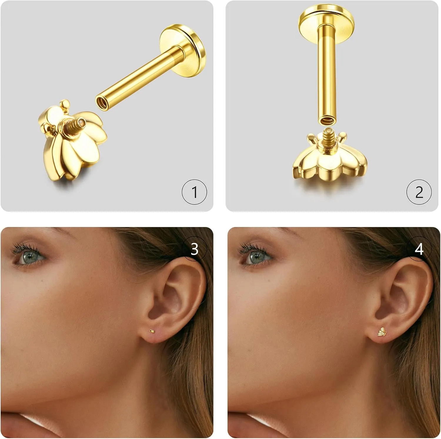 FASACCO 12Pcs 16G Stainless Steel Top Screw Flat Back Earrings Snake Moon CZ Cartilage Stud Earrings for Women Forward Internally Threaded Helix Tragus Conch Labret Monroe Medusa Lip Nose Piercing