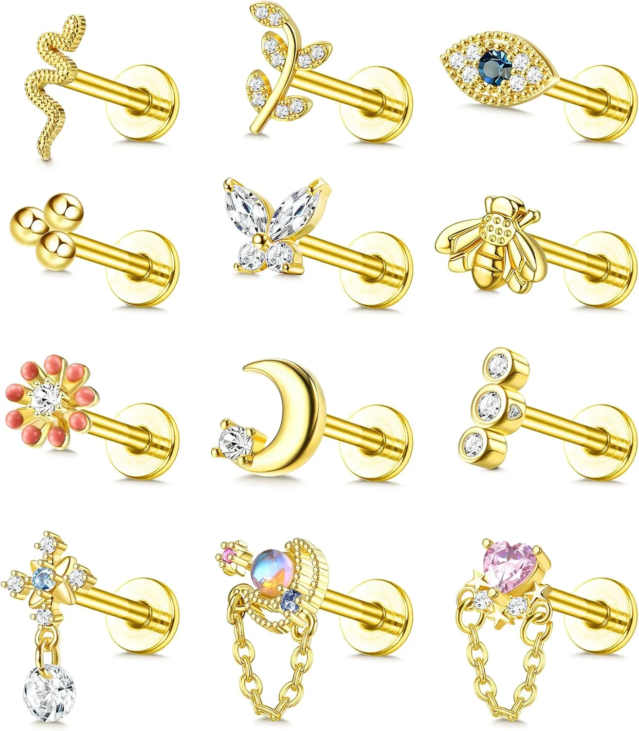 FASACCO 12Pcs 16G Stainless Steel Top Screw Flat Back Earrings Snake Moon CZ Cartilage Stud Earrings for Women Forward Internally Threaded Helix Tragus Conch Labret Monroe Medusa Lip Nose Piercing