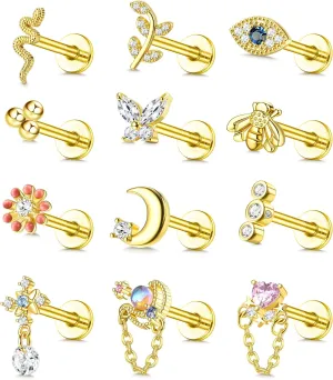 FASACCO 12Pcs 16G Stainless Steel Top Screw Flat Back Earrings Snake Moon CZ Cartilage Stud Earrings for Women Forward Internally Threaded Helix Tragus Conch Labret Monroe Medusa Lip Nose Piercing
