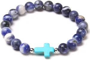 Fashion Cross Charm Turquoises Bracelets for Women Men Couple Prayer Peace Lava Tiger Eye Natural Stone Pendant Bangles Jewelry,Sodalite,17cm