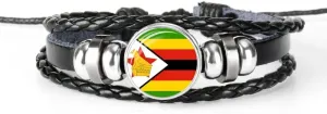 Fashion Zimbabwe Flag Braided Bracelet Adjustable Leather Woven Bangle Patriotic Jewellery Couple Wristband, U