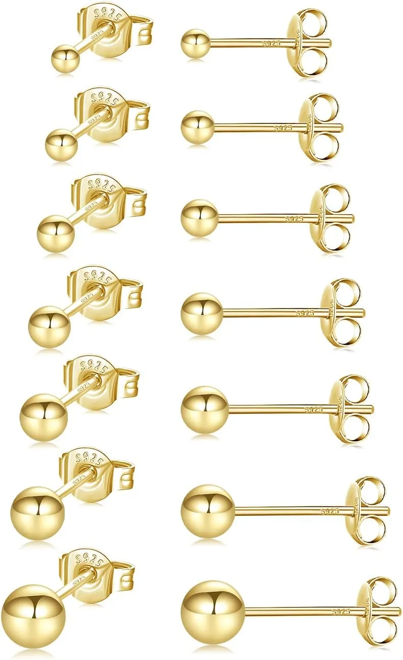 Fcebsty 7 Pairs Silver/Gold Studs Earrings 925 Sterling Silver Post Ball Stud Earrings for Women Cartilage Earring Small Silver Stud Earrings for Women Real Gold Ball Studs Nap Earrings 2-8mm