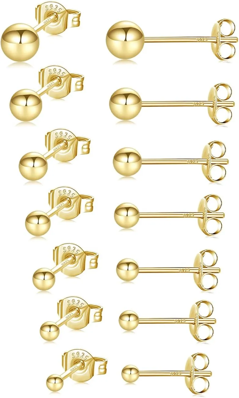 Fcebsty 7 Pairs Silver/Gold Studs Earrings 925 Sterling Silver Post Ball Stud Earrings for Women Cartilage Earring Small Silver Stud Earrings for Women Real Gold Ball Studs Nap Earrings 2-8mm