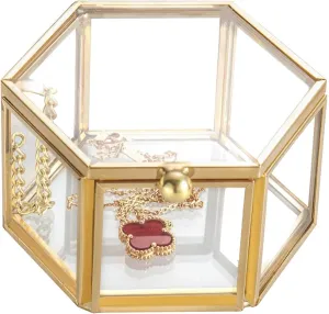 Feyarl Small Vintage Gold Glass Ring Box Jewelry Trinket Earring Beads Coins Display Keepsake Organizer Chest Case Decorative Box for Wedding Day Girl Women Birthday Gift