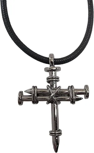 FORGIVEN JEWELRY Nail Cross Pewter Dark Grey Shiny Metal Color Finish Pendant Black Cord Necklace