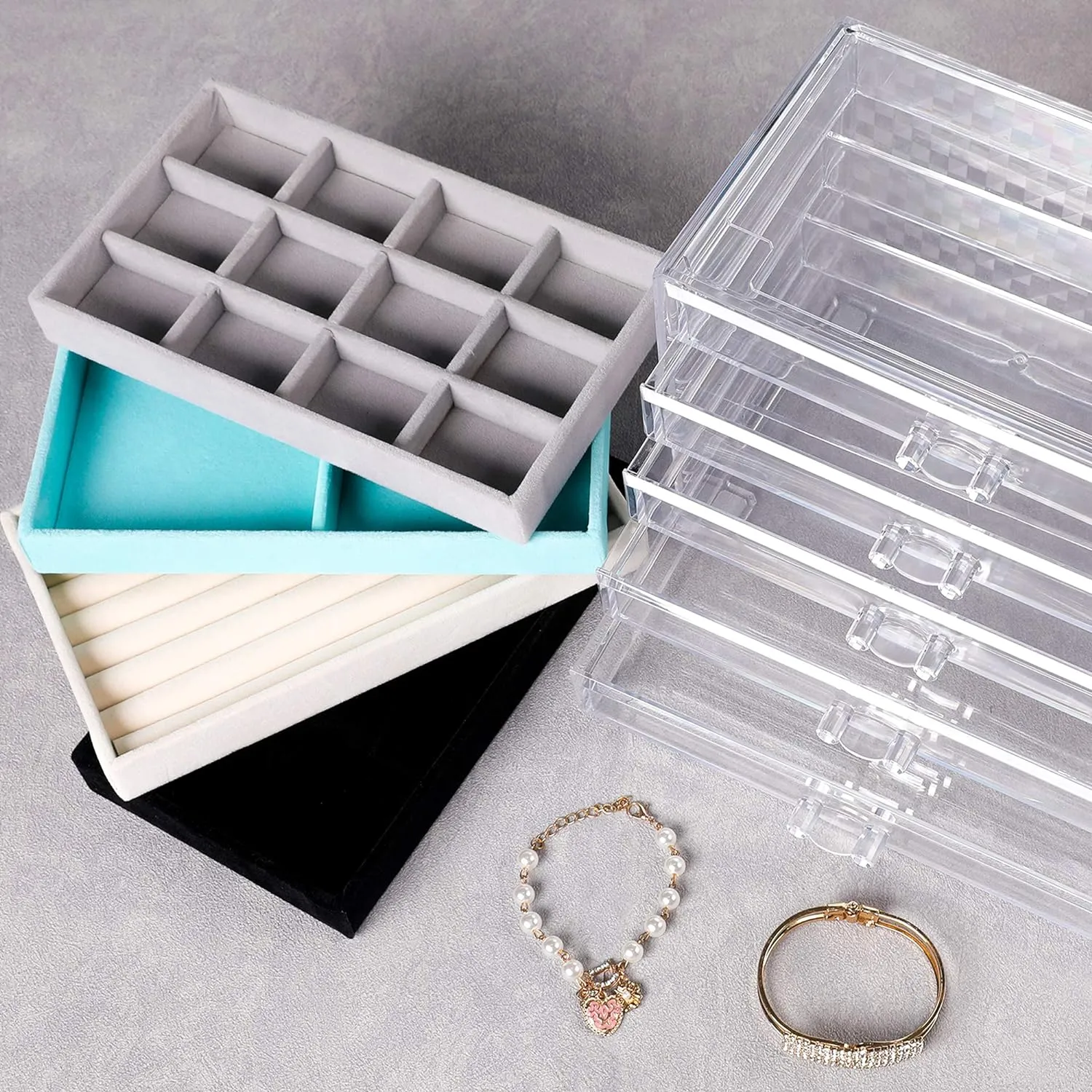 Frebeauty Extra Large Acrylic Jewelry Box for Women 5 Layers Clear Jewelry Organizer Velvet Earring Box with 5 Drawers Rings Display Case Necklaces Holder Tray for Women Girls (Black)