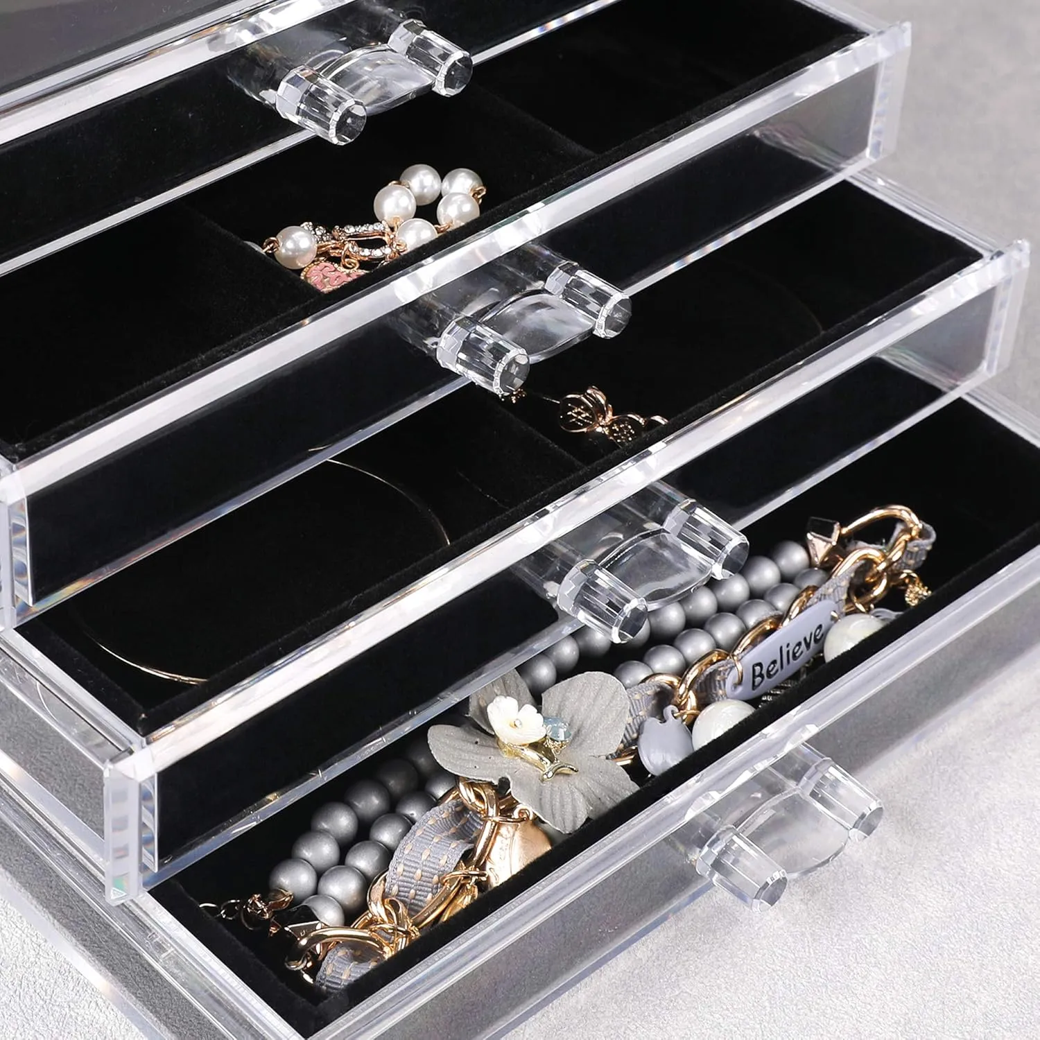 Frebeauty Extra Large Acrylic Jewelry Box for Women 5 Layers Clear Jewelry Organizer Velvet Earring Box with 5 Drawers Rings Display Case Necklaces Holder Tray for Women Girls (Black)