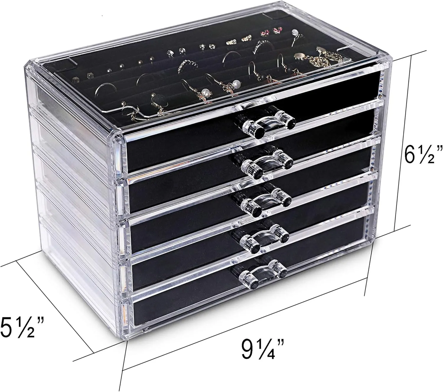 Frebeauty Extra Large Acrylic Jewelry Box for Women 5 Layers Clear Jewelry Organizer Velvet Earring Box with 5 Drawers Rings Display Case Necklaces Holder Tray for Women Girls (Black)