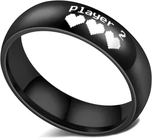 Gaming Themed His and Hers Couple Rings Player 1 & Player 2 Pixel Hearts Design 8mm/6mm Width for Him/Her Titanium Steel Dome Jewelry Band for Gamers