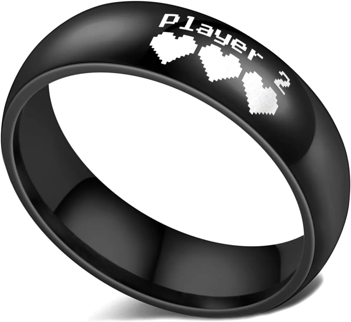 Gaming Themed His and Hers Couple Rings Player 1 & Player 2 Pixel Hearts Design 8mm/6mm Width for Him/Her Titanium Steel Dome Jewelry Band for Gamers