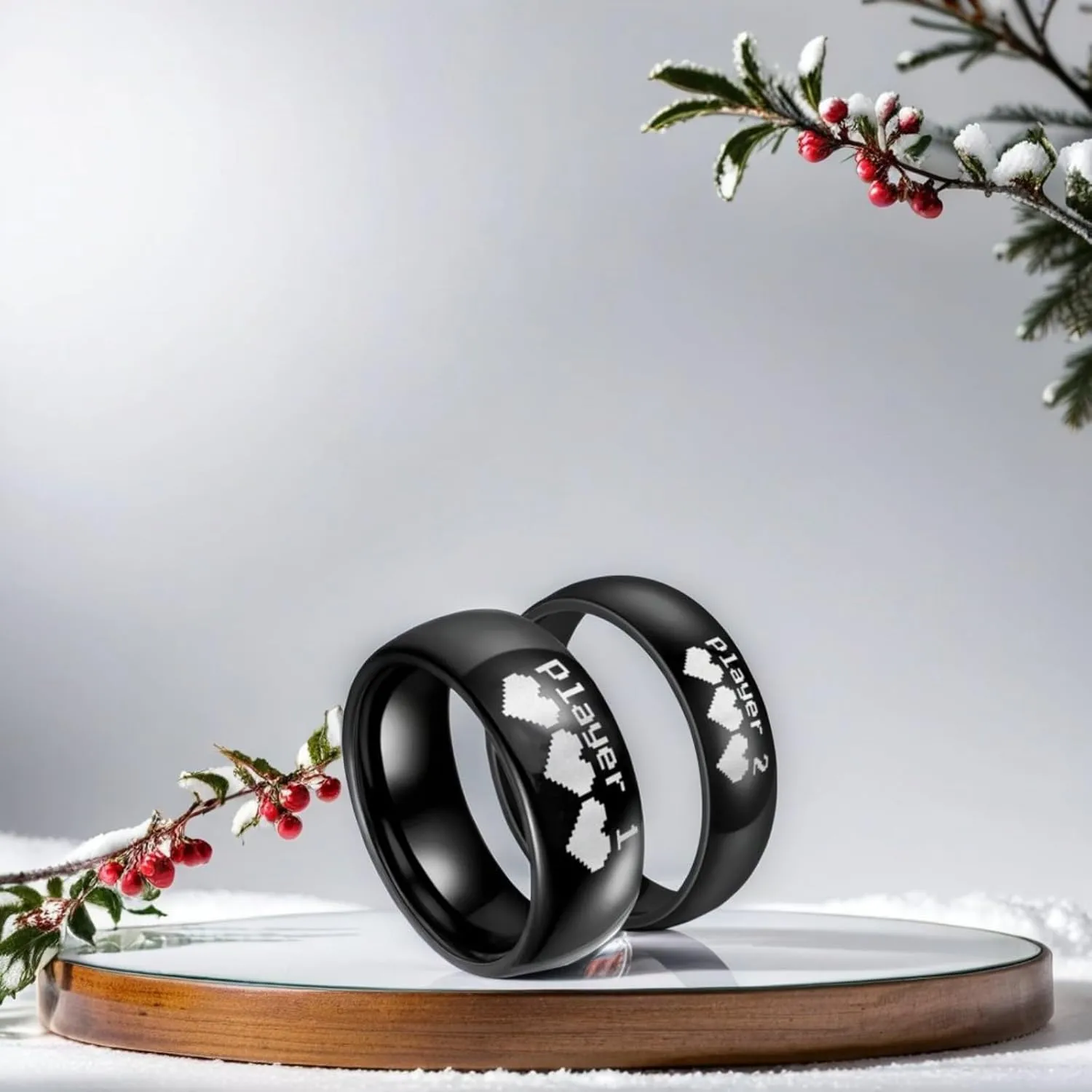 Gaming Themed His and Hers Couple Rings Player 1 & Player 2 Pixel Hearts Design 8mm/6mm Width for Him/Her Titanium Steel Dome Jewelry Band for Gamers
