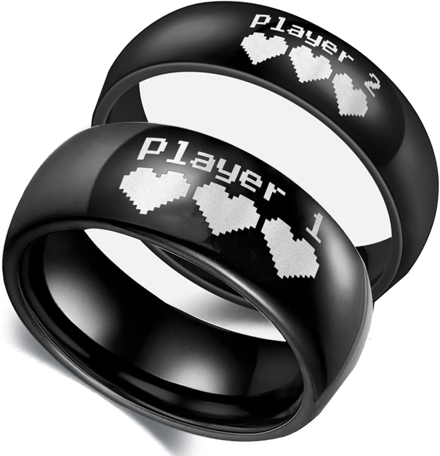 Gaming Themed His and Hers Couple Rings Player 1 & Player 2 Pixel Hearts Design 8mm/6mm Width for Him/Her Titanium Steel Dome Jewelry Band for Gamers
