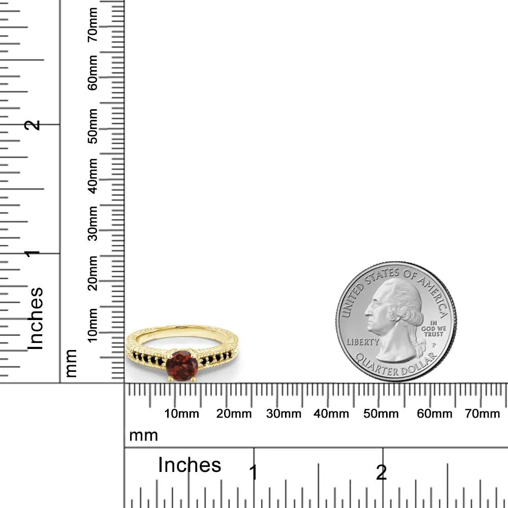 Gem Stone King 1.17 Cttw Round Red Garnet and Black Diamond 18K Yellow Gold Plated Silver Engagement Ring For Women | Gemstone Birthstone | Available In Size 5, 6, 7, 8, 9