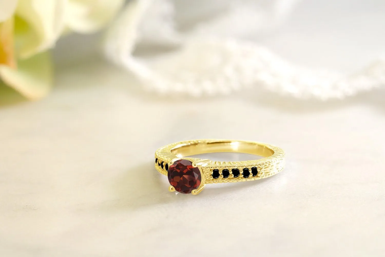 Gem Stone King 1.17 Cttw Round Red Garnet and Black Diamond 18K Yellow Gold Plated Silver Engagement Ring For Women | Gemstone Birthstone | Available In Size 5, 6, 7, 8, 9