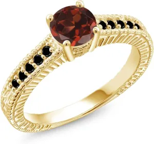 Gem Stone King 1.17 Cttw Round Red Garnet and Black Diamond 18K Yellow Gold Plated Silver Engagement Ring For Women | Gemstone Birthstone | Available In Size 5, 6, 7, 8, 9