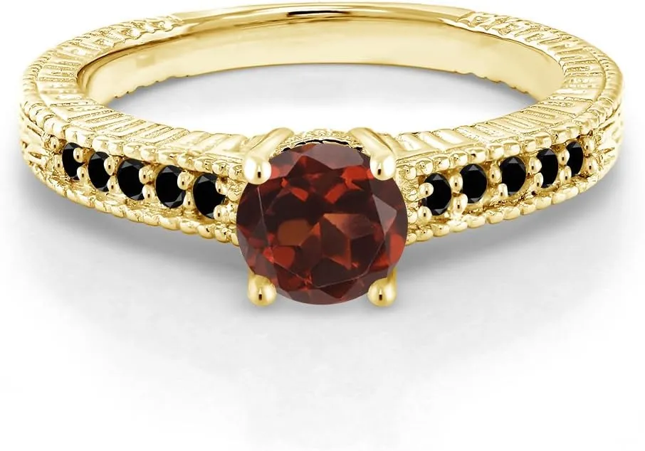Gem Stone King 1.17 Cttw Round Red Garnet and Black Diamond 18K Yellow Gold Plated Silver Engagement Ring For Women | Gemstone Birthstone | Available In Size 5, 6, 7, 8, 9