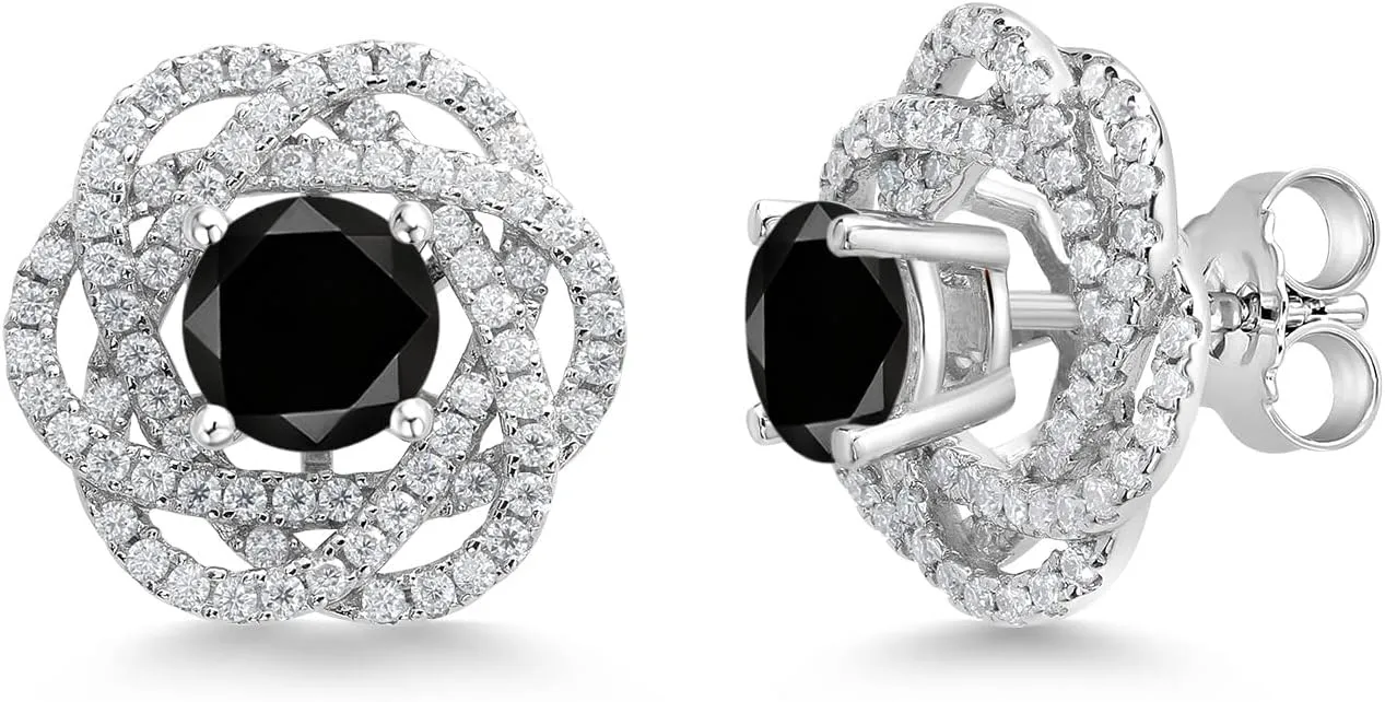 Gem Stone King 2.82 Cttw Black Diamond Stud Earrings with White Moissanite Removable Earrings Jackets For Women | 925 Sterling Silver | Round 6MM