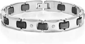 Gem Stone King Mens Shiny Polished Diamond Tungsten Bracelet with Black Plated Connector Links