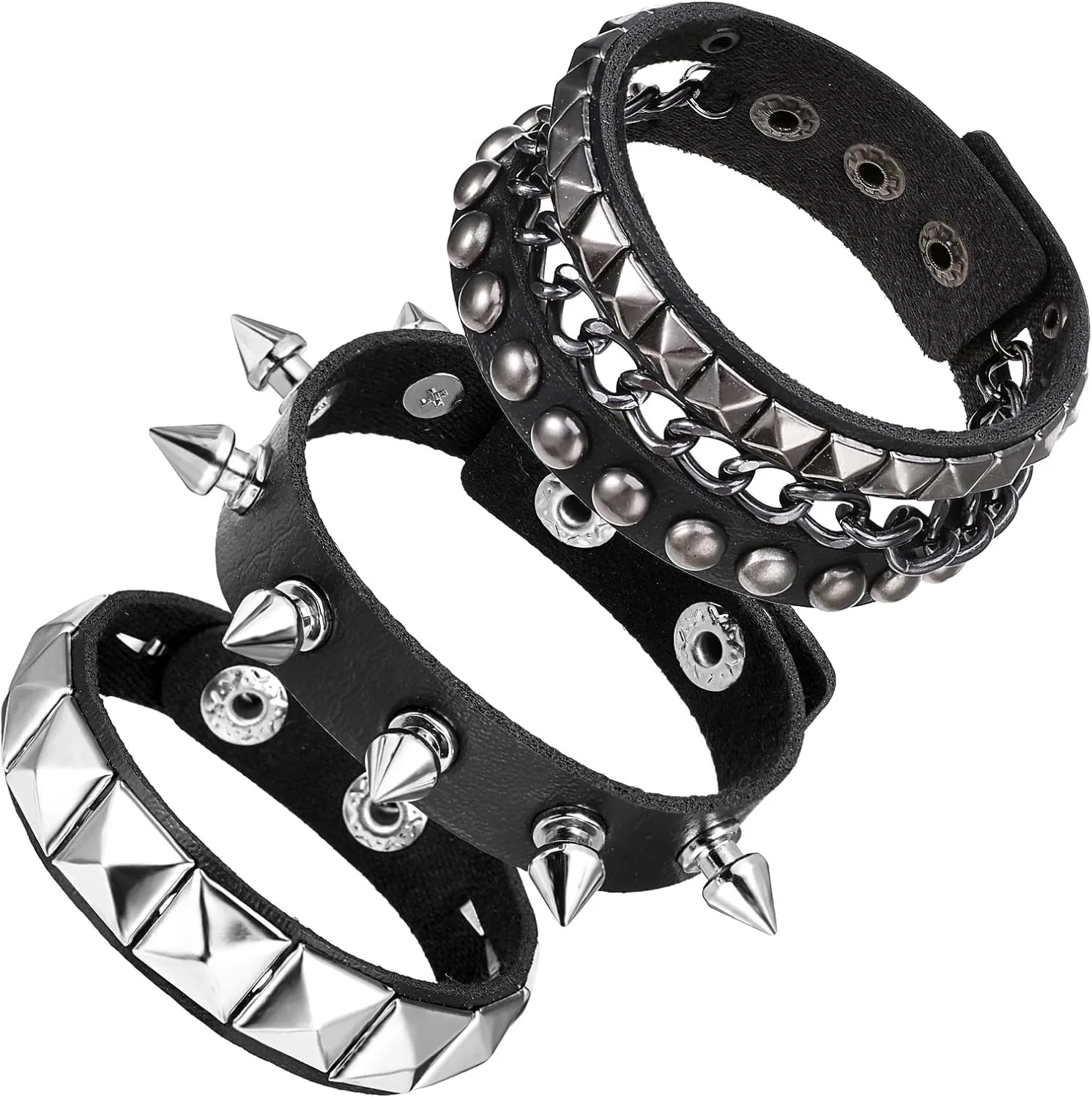 Giantree Punk Rock Leather Bracelets, 3 Pcs Punk Rock Studded Bracelet Spiked Leather Cuff Bracelet for Men Women 80s Wristband Adjustable Wrap Wrist Cuffs for Halloween Party Favors