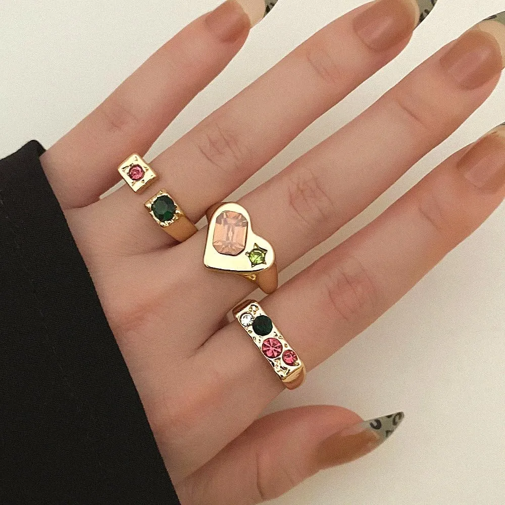 GIGB PBDK Chunky Gold Knuckle Ring Set Stackable Crystal Rhinestone Cuban Heart Midi Joint Ring Dainty Birthday Jewelry Accessory Gifts for Women