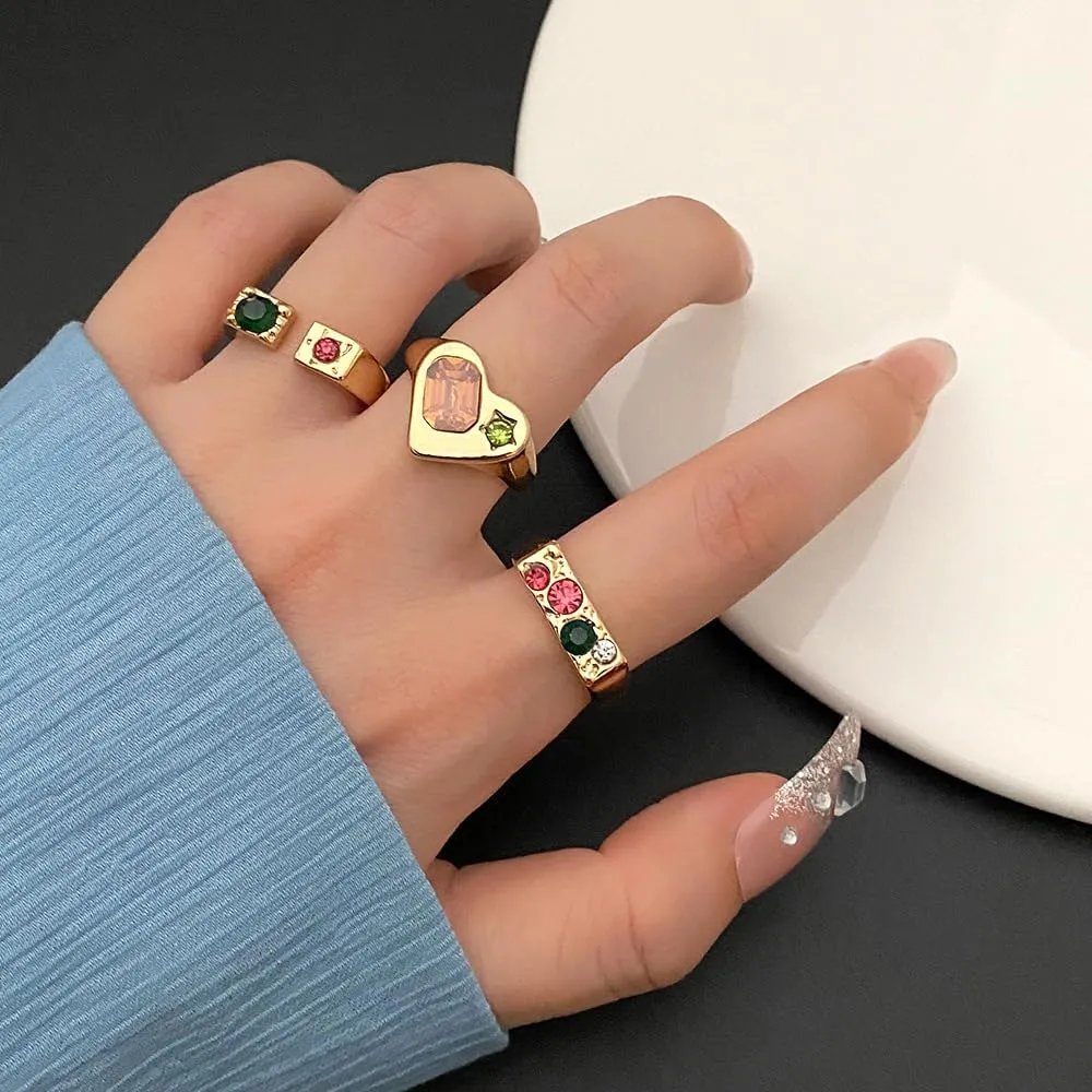 GIGB PBDK Chunky Gold Knuckle Ring Set Stackable Crystal Rhinestone Cuban Heart Midi Joint Ring Dainty Birthday Jewelry Accessory Gifts for Women
