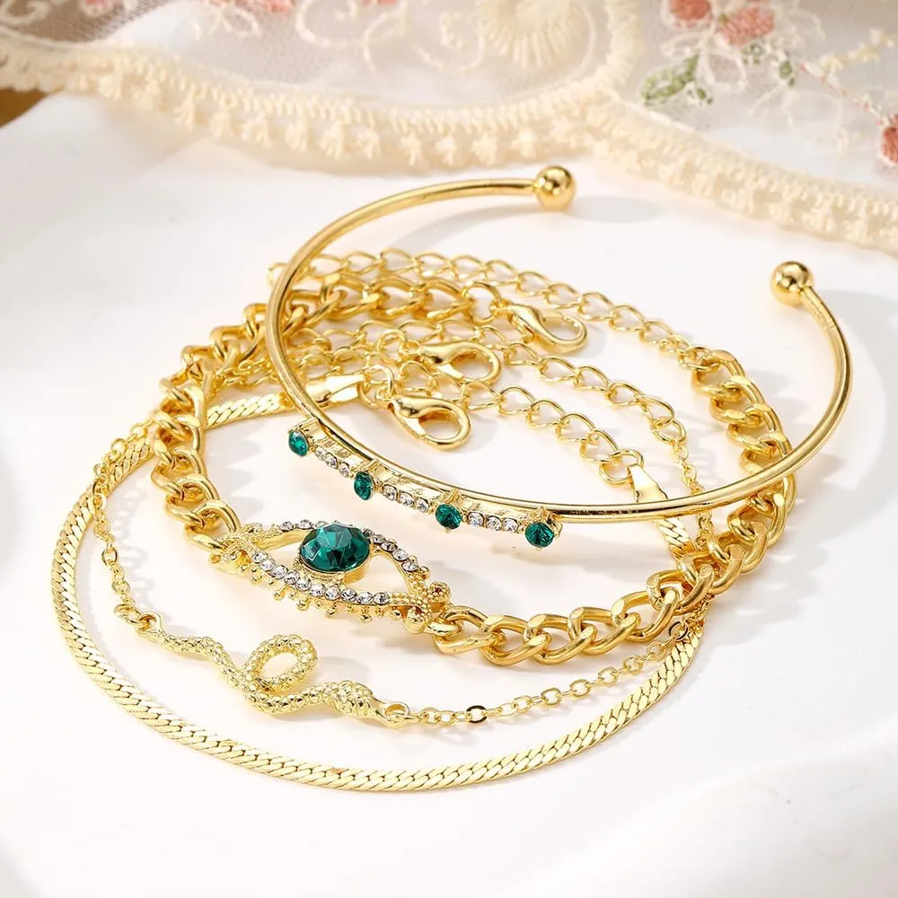 GIGB PBDK Gold Layered Crystal Bracelet Set Stacking Green Rhinestone Evil Eye Link Chain Bracelet Set Trendy Boho Jewelry Accessory Gifts for Women