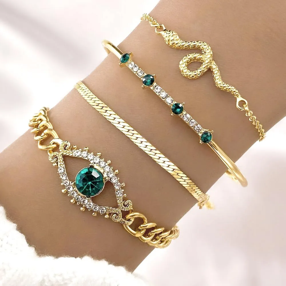 GIGB PBDK Gold Layered Crystal Bracelet Set Stacking Green Rhinestone Evil Eye Link Chain Bracelet Set Trendy Boho Jewelry Accessory Gifts for Women