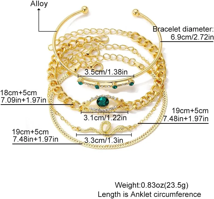 GIGB PBDK Gold Layered Crystal Bracelet Set Stacking Green Rhinestone Evil Eye Link Chain Bracelet Set Trendy Boho Jewelry Accessory Gifts for Women