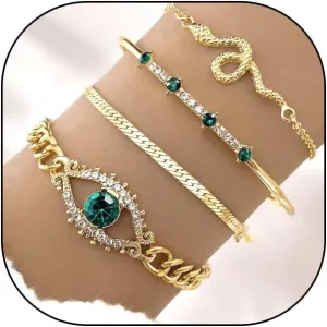 GIGB PBDK Gold Layered Crystal Bracelet Set Stacking Green Rhinestone Evil Eye Link Chain Bracelet Set Trendy Boho Jewelry Accessory Gifts for Women