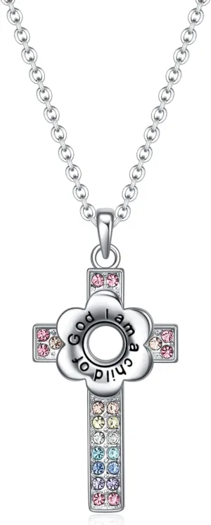 Girls Cross Necklace Baptism Gifts,Shiny Colorful Religious Christening Cross Necklace First Communion Gifts for Girls