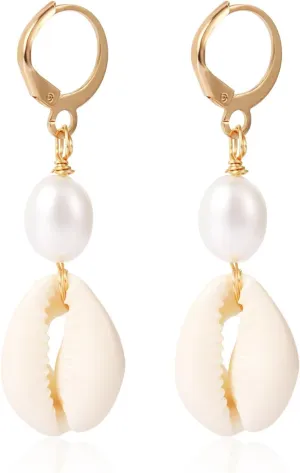 Gold Alloy Pearl Huggie Dangle Earrings, Shell Pearl Earrings, Casual Beachy Modern Style, Unisex, 2 Count, White Pearl, 1cm Hoop, 4.7cm Length