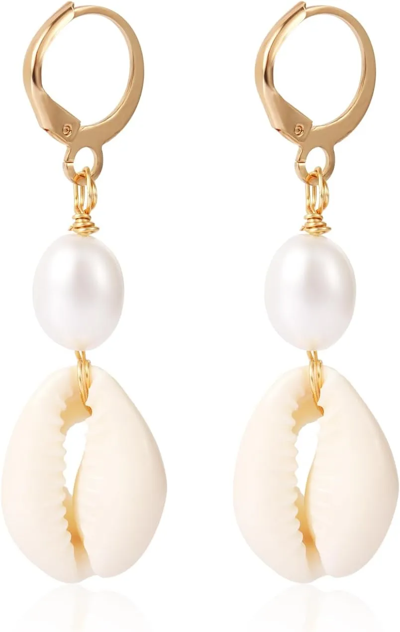 Gold Alloy Pearl Huggie Dangle Earrings, Shell Pearl Earrings, Casual Beachy Modern Style, Unisex, 2 Count, White Pearl, 1cm Hoop, 4.7cm Length