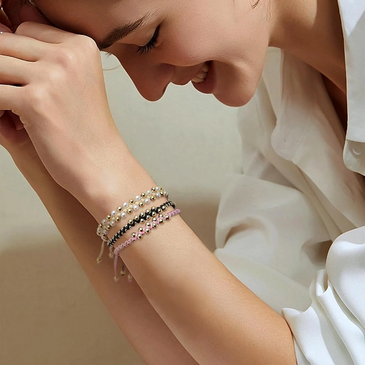 Gold Ball Beads String Bracelets for Women, Charm Handmade Adjustable Boho Braided Rope Friendship Bracelet Summer Beach Jewelry Gift