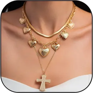Gold Cross Pendant Necklace for Women Chunky Heart Charm Necklace Gold Layered Necklace Herringbone Snake Chain Choker Necklaces Statement Jewelry Gifts for Women