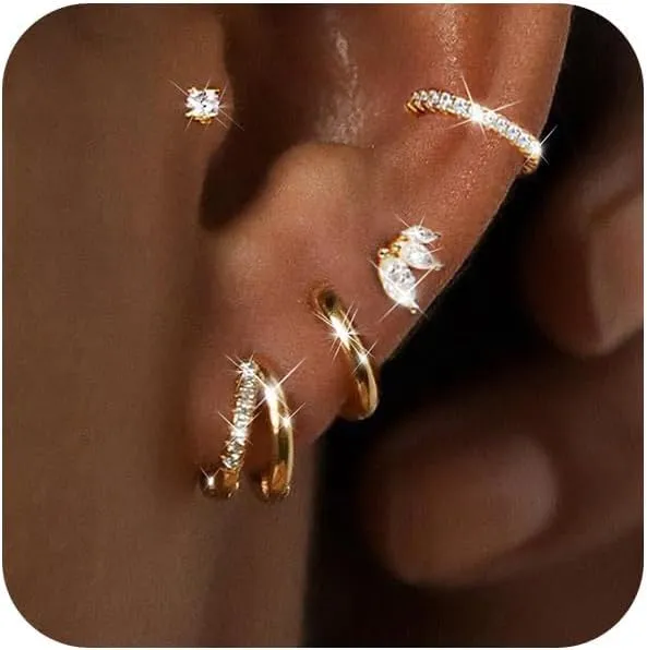 Gold Hoop Earrings Set for Women, Small 14K Gold Plated Earring for Multiple Piercing, Dainty Gold Earrings Stacks