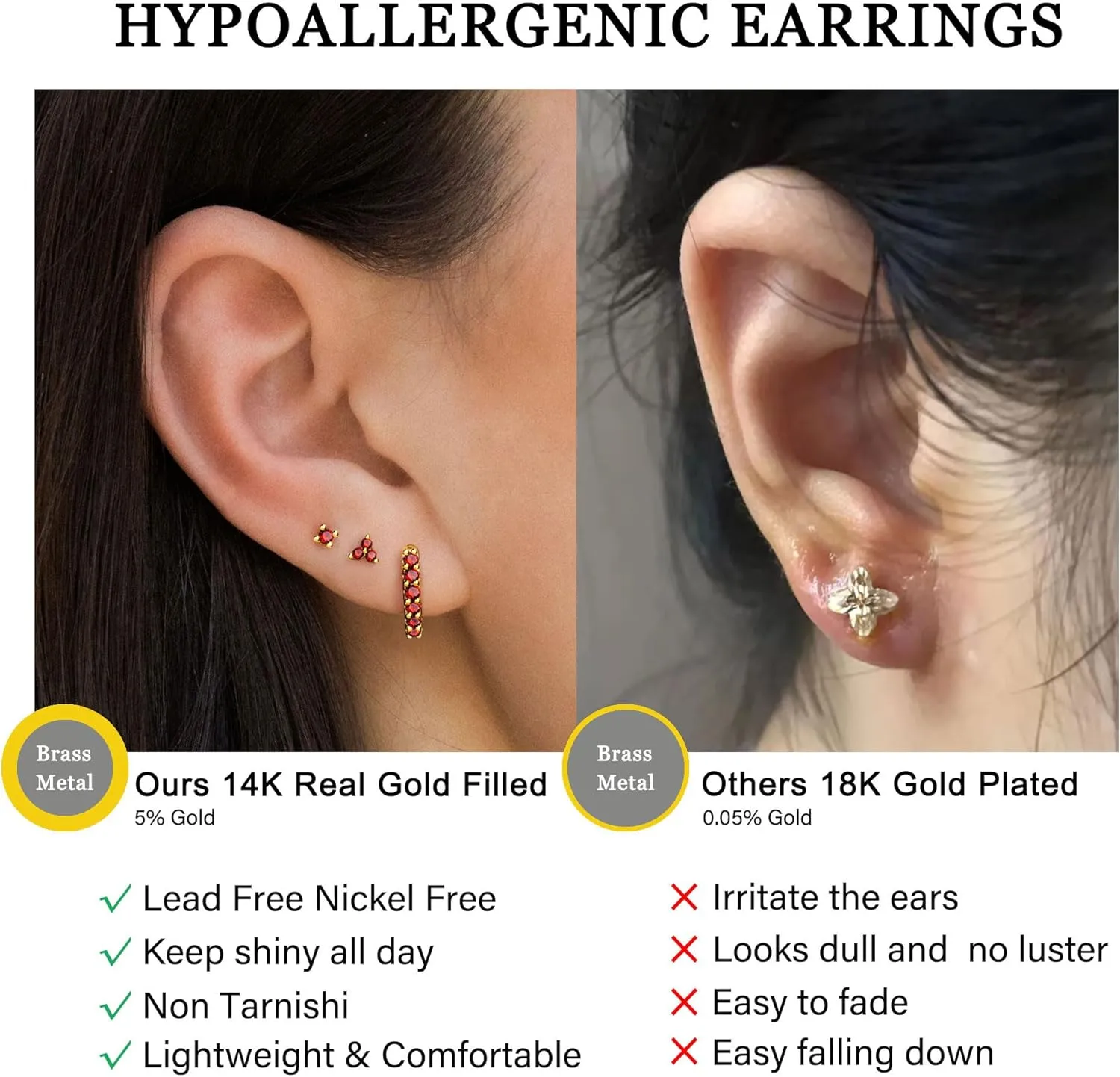 Gold Hypoallergenic Stud Earrings with S925 Sterling Silver Post for Sensitive Ears Dainty Tiny Cartilage Tragus Earring Sets for Multiple Piercing Cute Mini Cubic Zirconia Hoop Earring Stacks for Jewelry Gifts