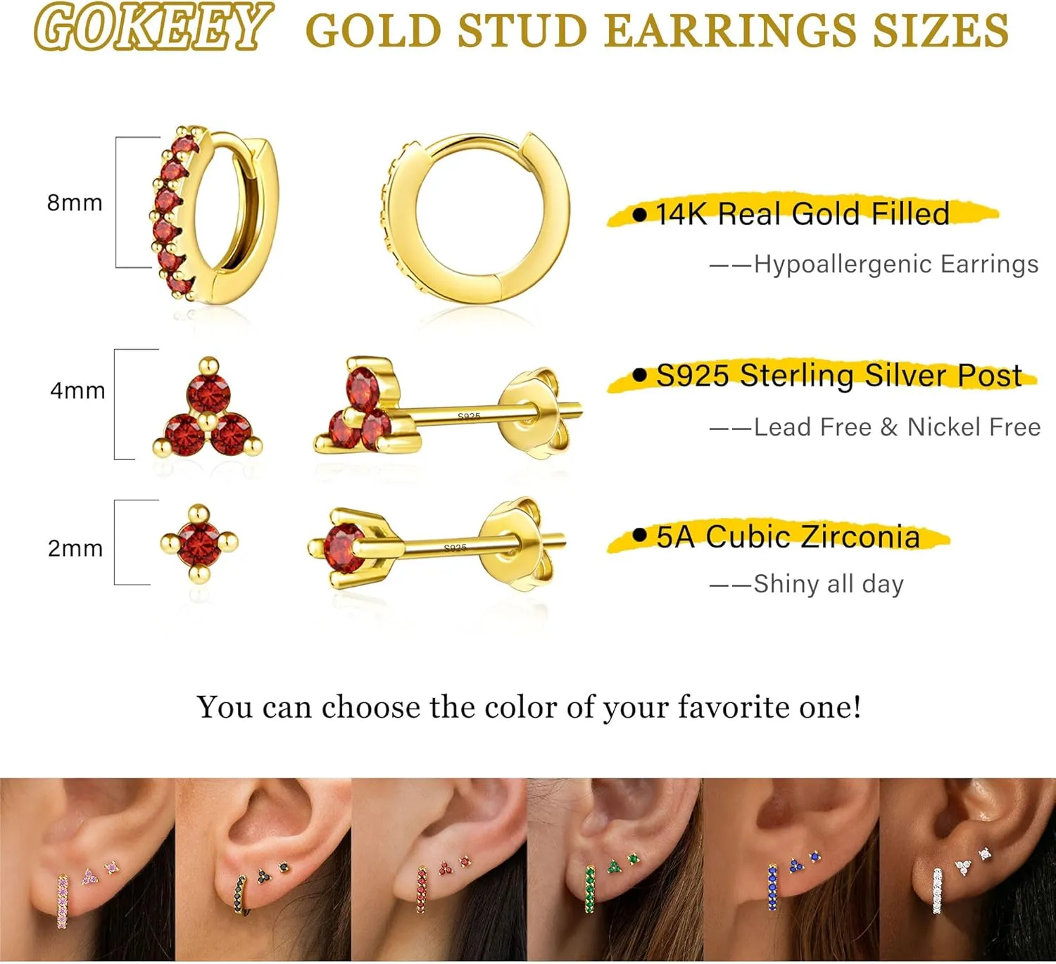 Gold Hypoallergenic Stud Earrings with S925 Sterling Silver Post for Sensitive Ears Dainty Tiny Cartilage Tragus Earring Sets for Multiple Piercing Cute Mini Cubic Zirconia Hoop Earring Stacks for Jewelry Gifts