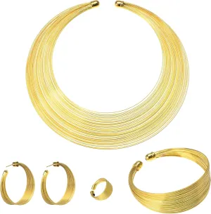 Gold Silver Shiny Multi-layer Metal Wire Collar Necklace Women Jewelry Set
