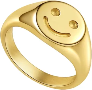 Gold Smile|Frown Face/North Star Ring Solid Stainless Steel Simple Signet Band Ring Everyday Jewelry