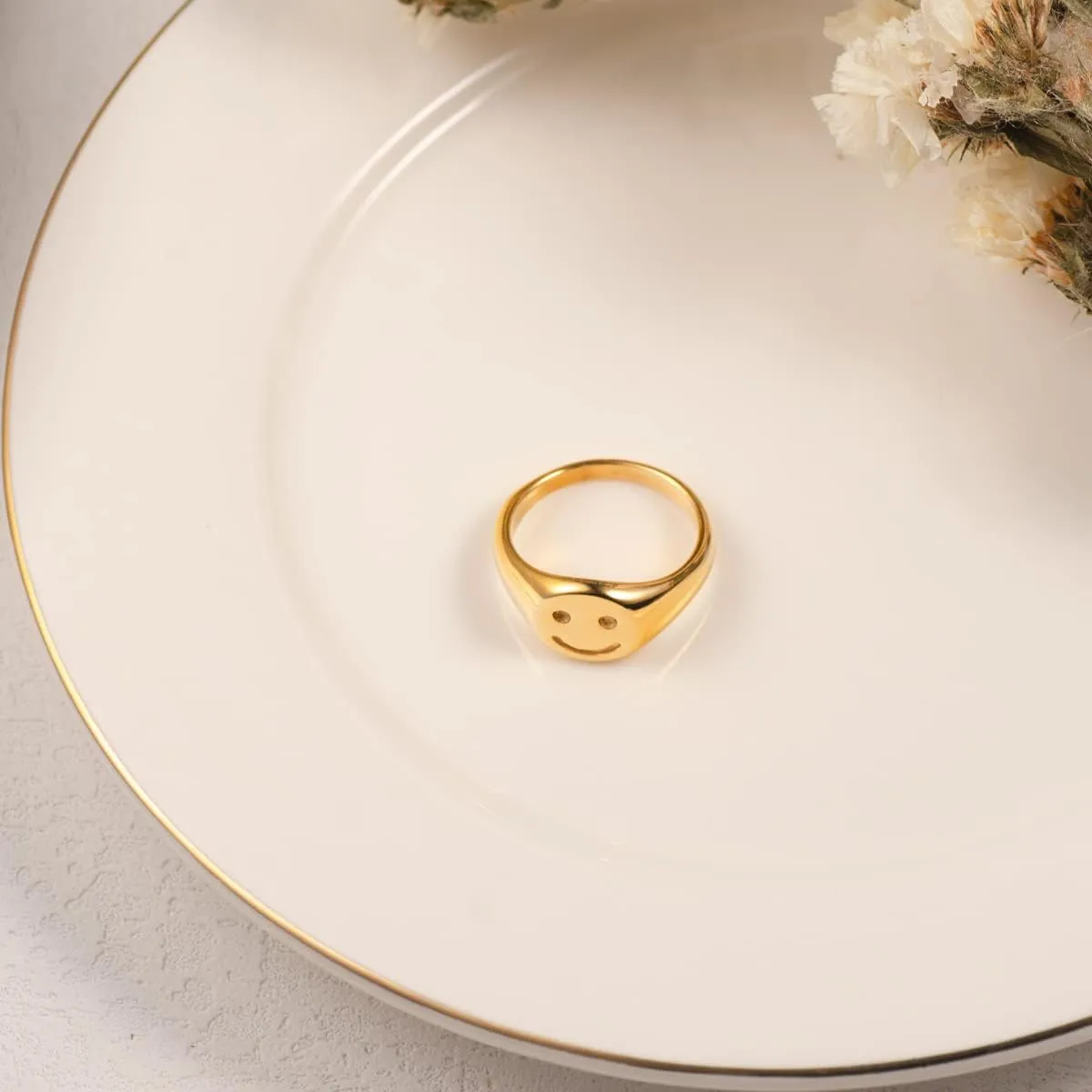 Gold Smile|Frown Face/North Star Ring Solid Stainless Steel Simple Signet Band Ring Everyday Jewelry