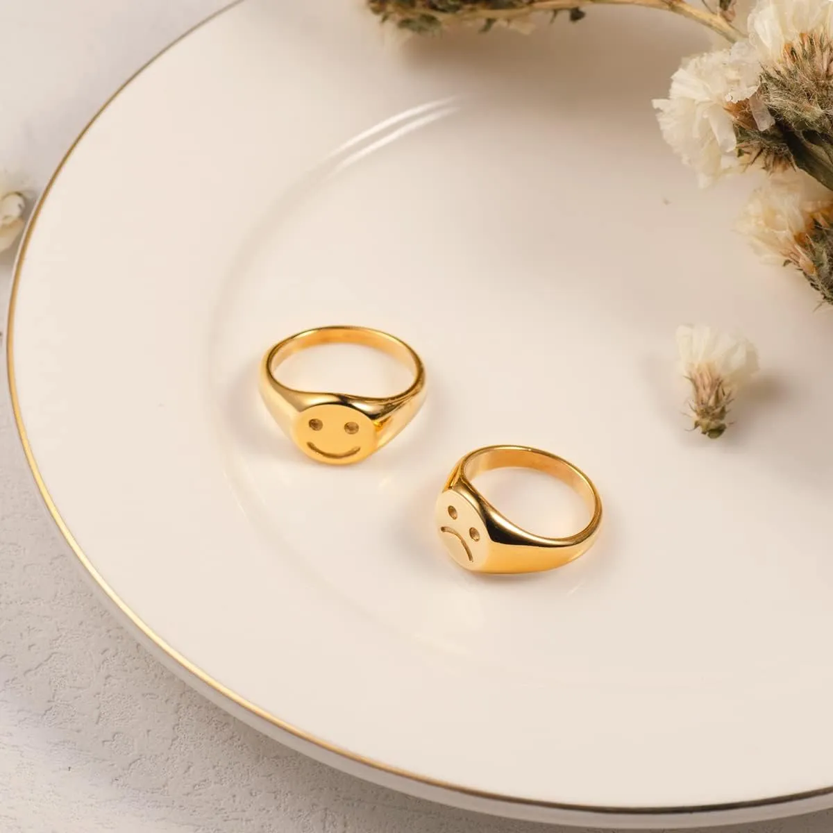 Gold Smile|Frown Face/North Star Ring Solid Stainless Steel Simple Signet Band Ring Everyday Jewelry